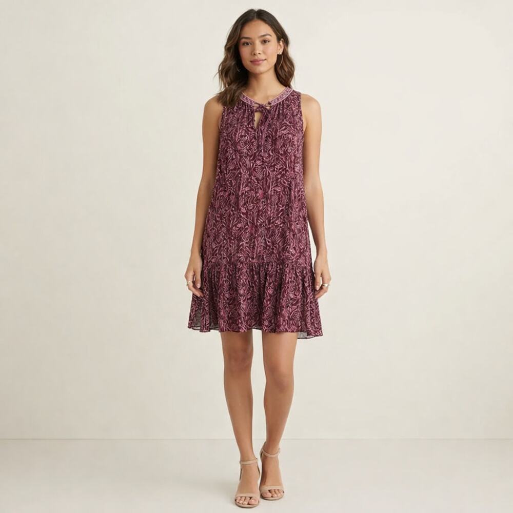 White House Black Market Burgundy Floral Chiffon Tie-Neck Trapeze Dress Size L